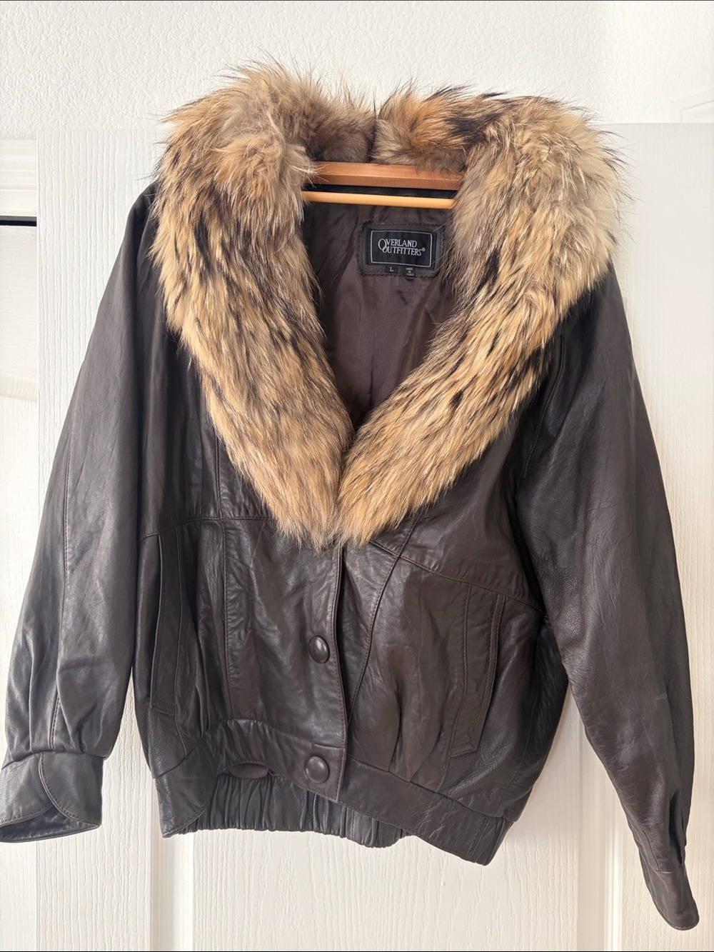 Vintage Women's Brown 100%Leather Jacket with Fur Trim, satin lining